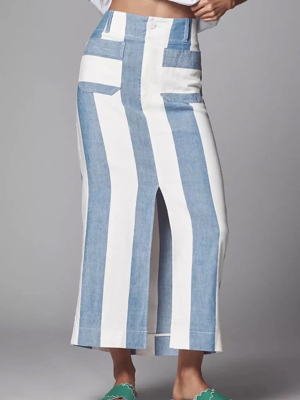 Anthropologie Colette Linen Maxi Skirt Stripes Patch Pockets Blue Slit Sz Medium - Picture 4 of 11